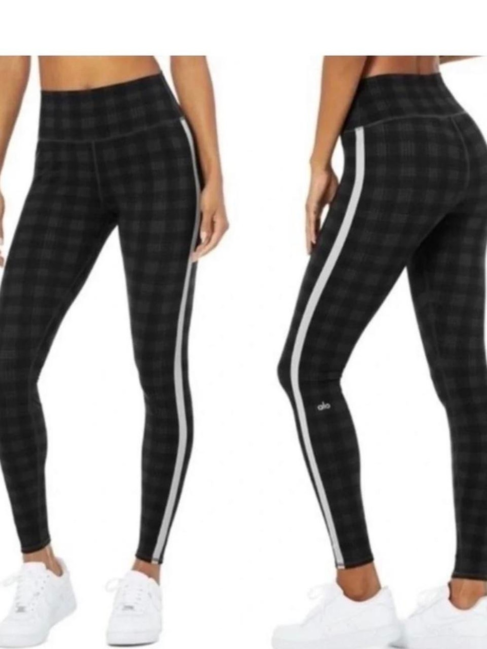 ALO Yoga Black Plaid Leggings with Reflective Side Stripe